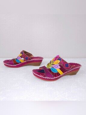 New! SOCOFY Wedge Sandals Floral Beaded Leather Slide Boho EU 39